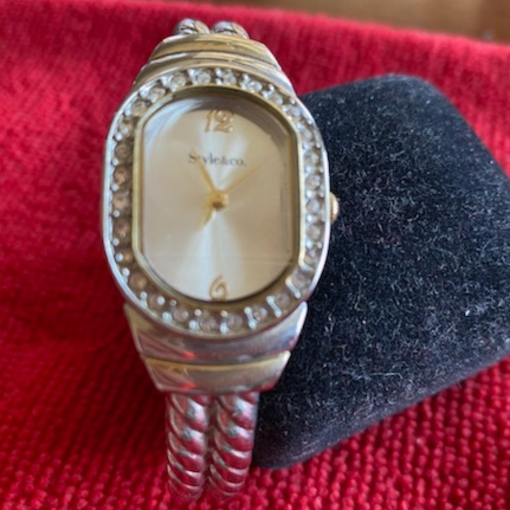 Designer-inspired SILVER Twisted BANGLE Bracelet WATCH * CZ Bezel * GOLD accents